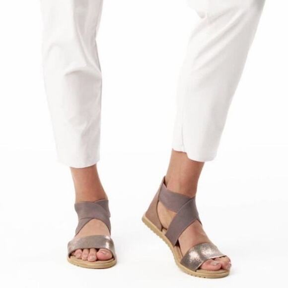 Sorel Ella Sandal Pewter Metallic Ash Brown Leather Sandals Women’s Size 7.5 - Picture 1 of 5